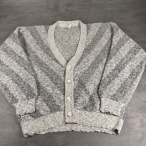 Vintage Cardigan Sweater Mens Large Grey Chevron Marled Knit V-Neck USA Cobain